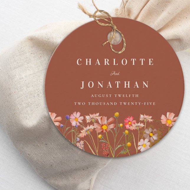 Boho Vildblomma Bränd Orange Bröllop Tacksamhet Gåvor Etiketter (Boho Wildflower fall floral terracotta beige custom Wedding favor tag watercolor meadow flowers)