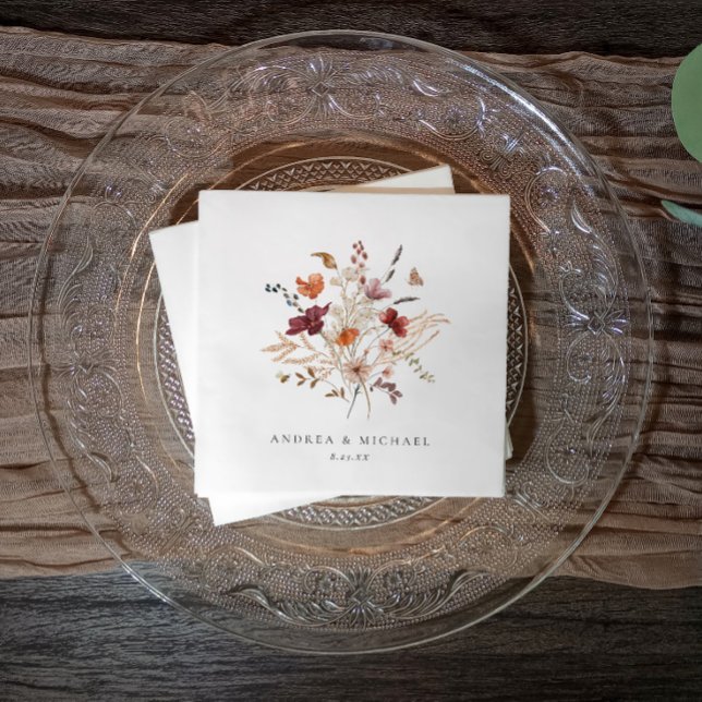 Boho Vildblomma Bröllop Höst Blommor Pappersservett (Soft watercolor wildflower napkin with names and date—ideal for rustic, boho, or garden weddings.)