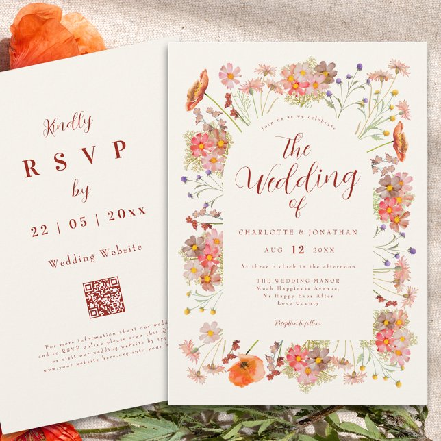 Boho Vildblomma Bröllop QR-kod Inbjudningar (Boho wildflower elegant fall wedding qr code invitation )