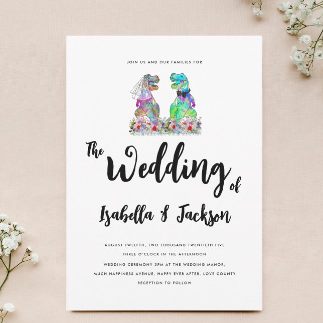 Boho Vildblomma Dinosaurie Brud och Brudgum Bröllo Inbjudningar (Colorful boho wildflower Dinosaur theme wedding invitation with fun T-Rex bride and groom)