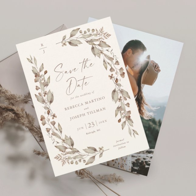 Boho vildblomma elegant blomsterbröllopsfoto spara datumet (Boho wildflower floral elegant ivory wedding photo save the date invitation.)