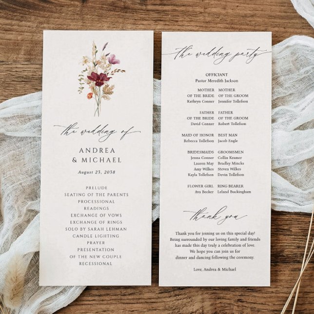 Boho Vildblomma Elegant Höstbröllop Program (Fall wildflowers boho wedding programs - simple watercolor printed wedding programs - vintage text.)