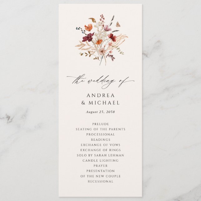 Boho Vildblomma Elegant Höstbröllop Program (Framsida)
