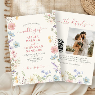 Boho vildblomma elegant script QR-kod bröllop Inbjudningar