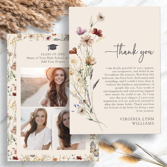 Boho Vildblomma Foto Examen Tack Kort (Boho Wildflower Photo Graduation Thank You Card by Painted Paperie
)