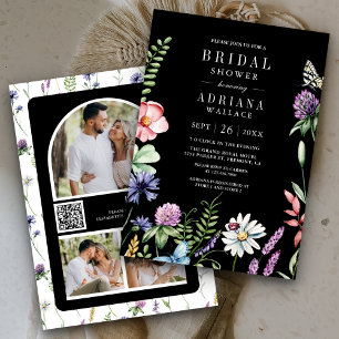 Boho Vildblomma Foto QR-kod Svart Bröllopsdusch Inbjudningar