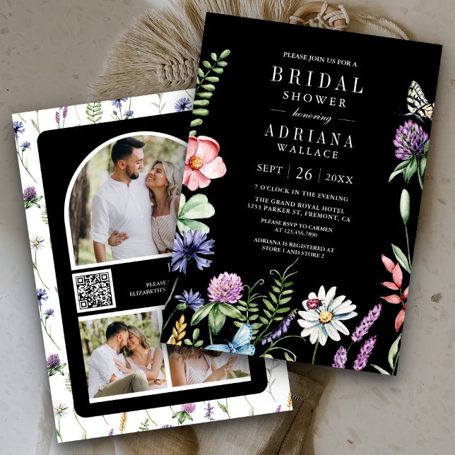 Boho Vildblomma Foto QR-kod Svart Bröllopsdusch Inbjudningar (Skapare uppladdad)