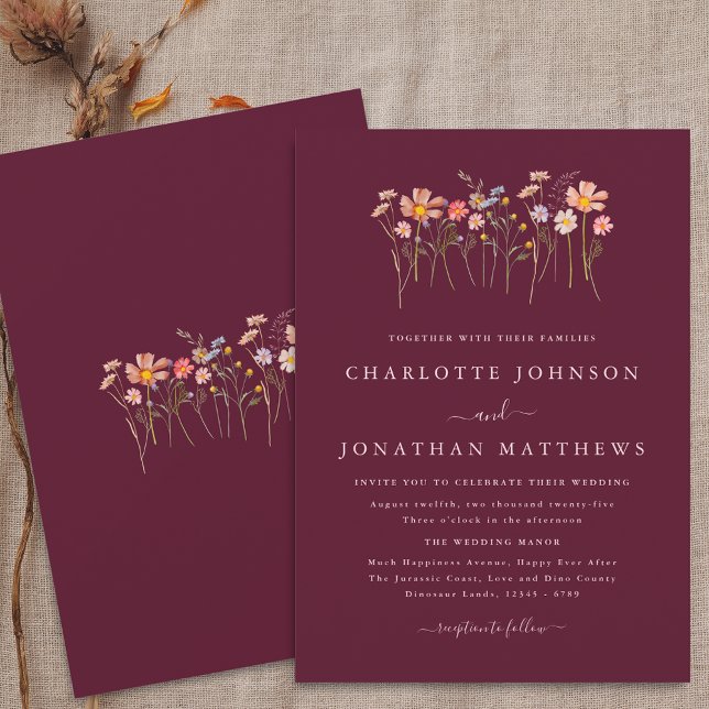 Boho Vildblomma Höst Burgunder Rosa Brudklänning Inbjudningar (Wildflower boho fall floral burgundy blush pink Wedding invitation Watercolor whimsical flowers)