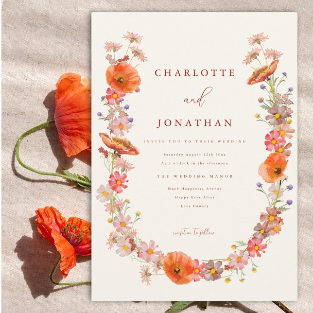 Boho Vildblomma Höstbröllop Inbjudningar (Modern wildflower wedding invitation with watercolor florals boho wreath)