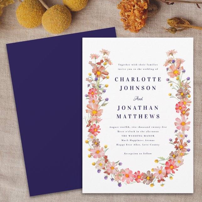 Boho Vildblomma Höstbröllop Inbjudningar (Boho fall floral wildflower wreath navy blue and white wedding invitation autumn colors Watercolor)
