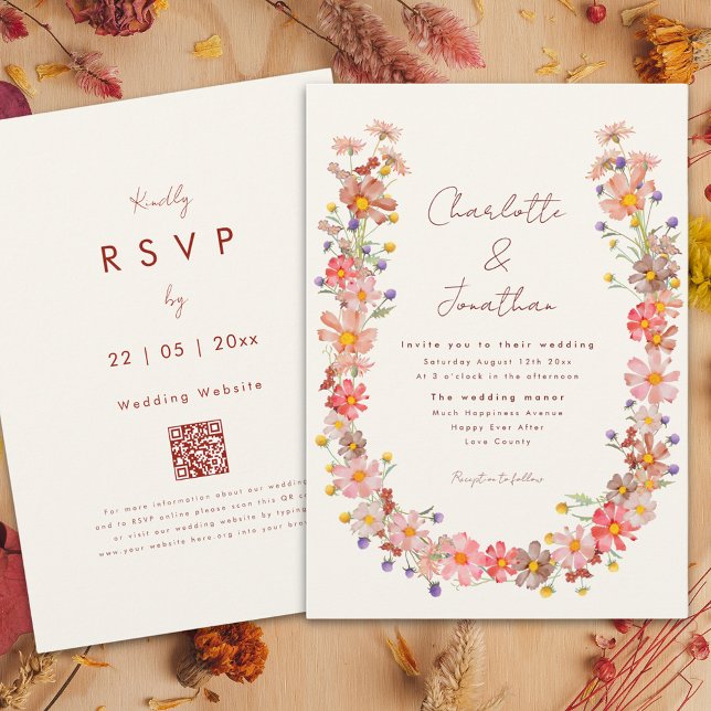 Boho Vildblomma Höstbröllop Inbjudningar (Boho wildflower wreath fall wedding invitation with burnt orange whimsical script)