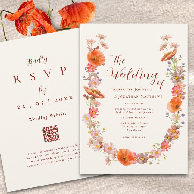 Boho Vildblomma Höstbröllop QR-kod Inbjudningar (Boho wildflower fall wedding qr code invitation )