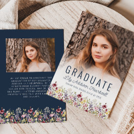 Boho Vildblomma Marinblå Foto Examensbevis Annonse Inbjudningar