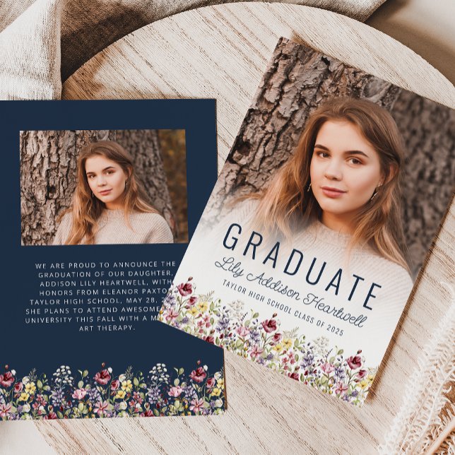 Boho Vildblomma Marinblå Foto Examensbevis Annonse Inbjudningar (Skapare uppladdad)
