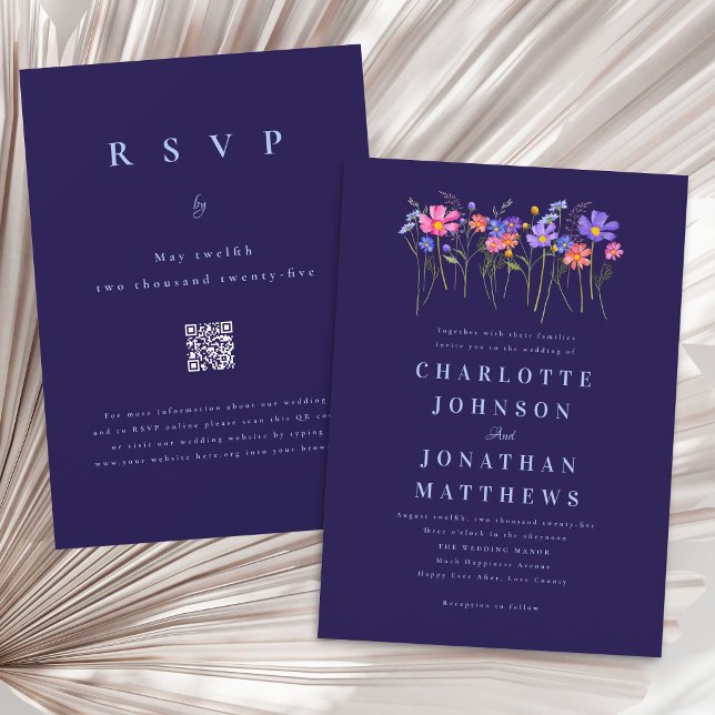 Boho Vildblomma Marinblå Rosa Bröllops QR-kod Inbjudningar (Elegant wildflower vibrant floral navy blue wedding qr code invitation)