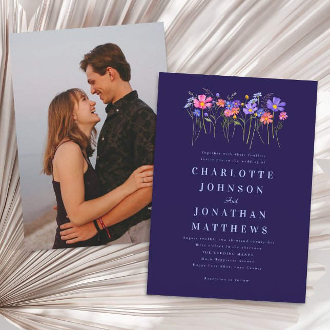 Boho Vildblomma Marinblå Rosa Bröllopsfoto Inbjudningar (Elegant wildflower boho watercolor floral navy blue wedding photo invitation)
