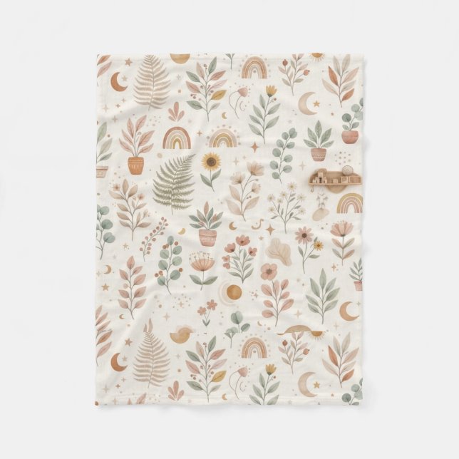 Boho vildblomma och krukväxter Neutral baby  Fleecefilt (Framsidan)