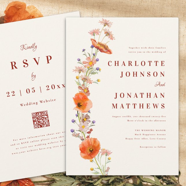 Boho Vildblomma Rustik Höstbröllop Inbjudningar (Boho wildflower rustic fall wedding invitation with elegant script and wedding website qr code)