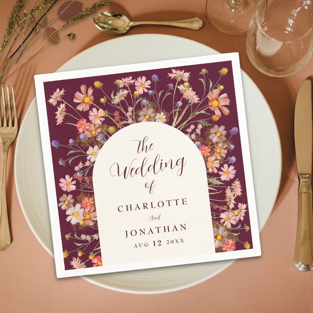 Boho Vildblomma Rustikalt Blommigt Valv Bröllop Pappersservett (Boho fall rustic wildflower floral arch burgundy and ivory cream wedding custom paper napkins )