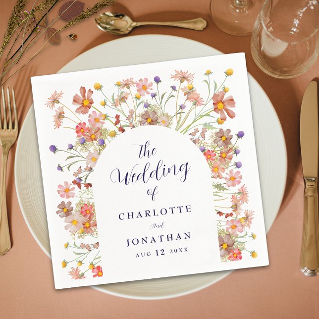 Boho Vildblomma Rustikalt Blommigt Valvbåge Bröllo Pappersservett (Boho fall rustic wildflower floral arch navy blue script white wedding custom paper napkins)