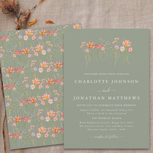 Boho Vildblomma Sagegrön Bröllop Inbjudningar (Wildflower boho fall floral sage green Wedding invitation Watercolor meadow flowers elegant modern)