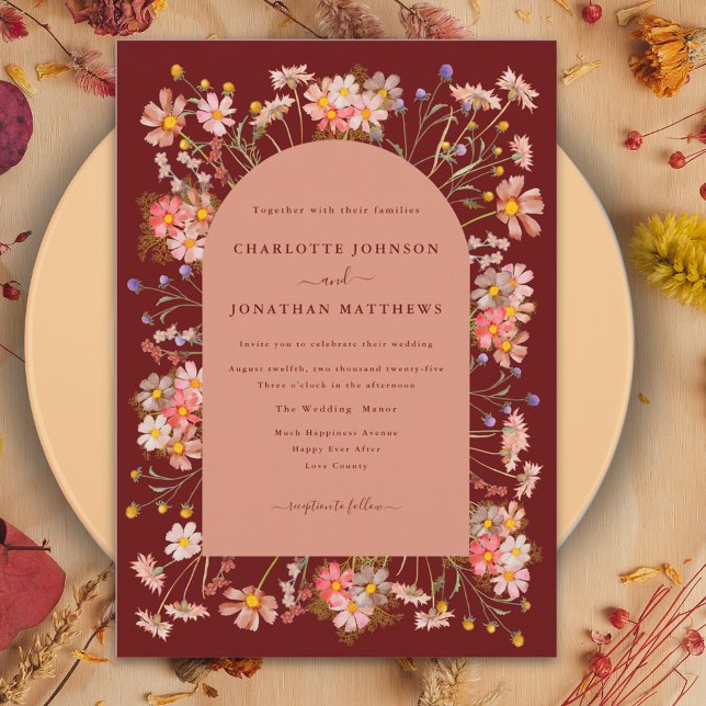 Boho Vildblomma Terrakotta Båge Höst Bröllop Inbjudningar (Burnt orange wildflower fall wedding arch invitation)