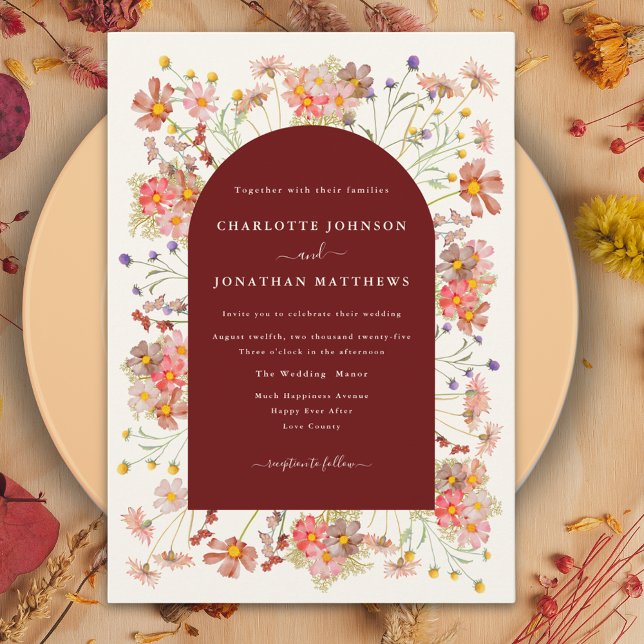 Boho Vildblomma Terrakotta Båge Höst Bröllop Inbjudningar (Terracotta burnt orange coral boho wildflower fall wedding invitation )