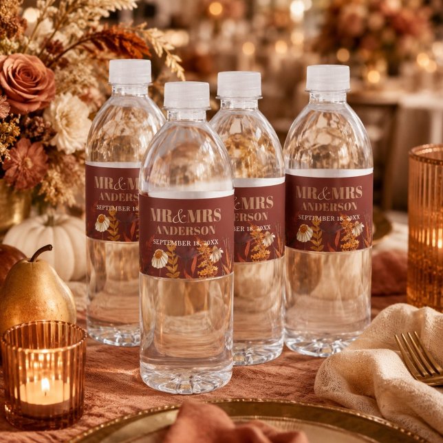 Boho Vildblomma Terrakotta Höst Bröllop Vattenflaskor Etikett (Boho Wildflower Terracotta Autumn Fall Wedding Water Bottle Label)