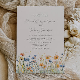 Boho vildblommabord orange blå bröllop inbjudningar