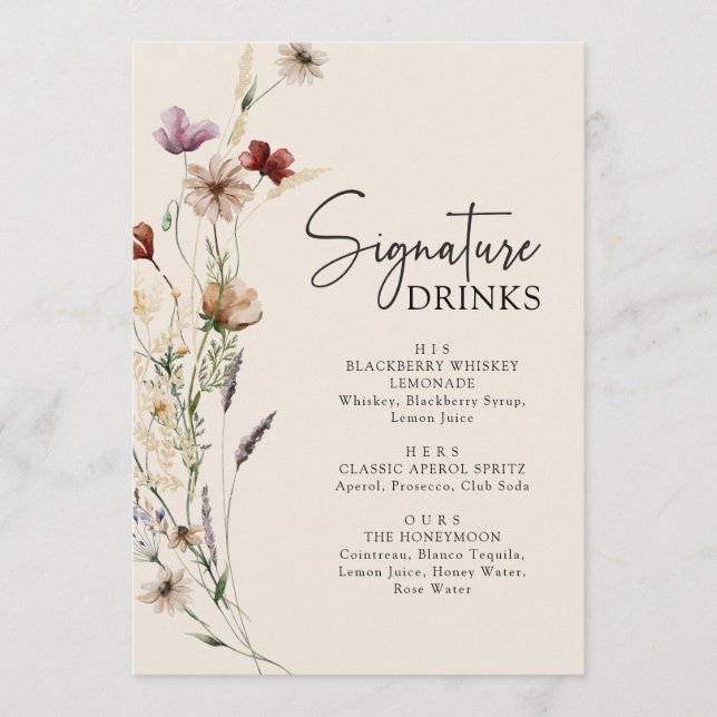 Boho Vildblommadrycker Bröllop Meny (Framsida)