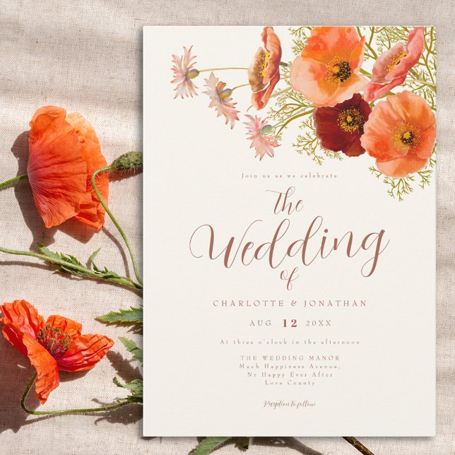 Boho vildblommahälsning inbjudningar (Boho wildflower wedding invitation with elegant script orange and brown watercolor florals)