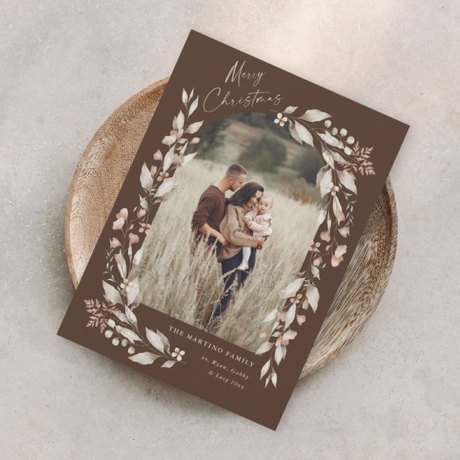 Boho vildblommig valv fotokristall julkort (Boho wildflower arch photo christmas holiday card with elegant script and hand painted foliage.)