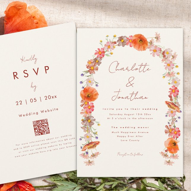 Boho vildblommig valv höstbröllop inbjudningar (Boho floral arch fall wedding invitation with burnt orange script and website qr code)