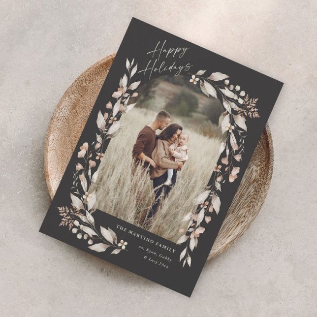 Boho vildblommig valvakt foto jul firande (Boho wildflower arch photo magnetic holiday card with elegant script and hand painted foliage.)