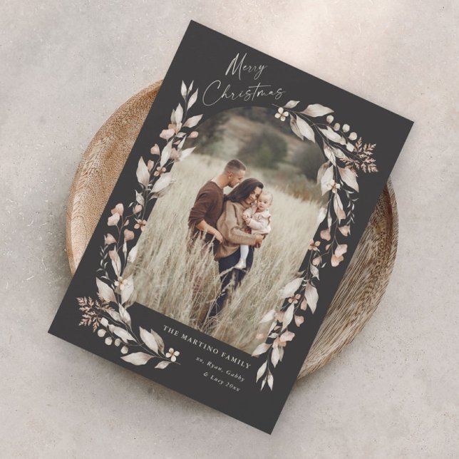 Boho vildblommig valvakt foto jul helgdag (Boho wildflower arch photo christmas holiday magnetic card with elegant script hand painted foliage.)