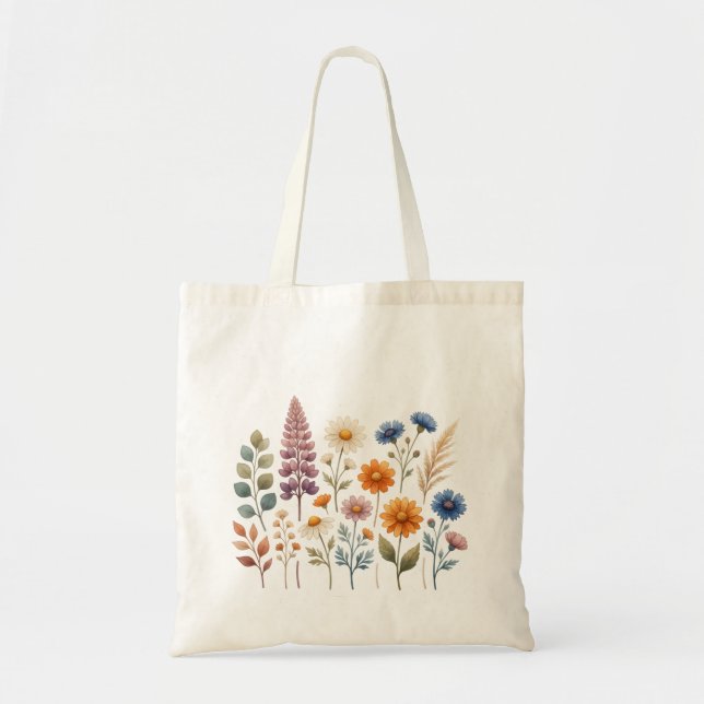 Boho vildblommor akvarell shoppingväska tygkasse (Framsidan)
