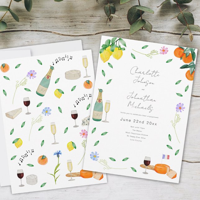 Boho vin- och ost-förlovningsfest inbjudningar (Boho floral wine and cheese citrus engagement party invitation whimsical watercolor illustration )