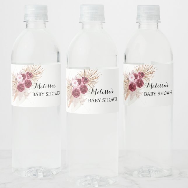 Boho vinröd Pampas gräs  Vattenflaskor Etikett (Skapare uppladdad)