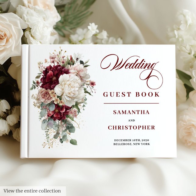 Boho vinröd roséguld blomsterlig gästbok till bröl (Boho burgundy blush gold floral wedding guest book

)