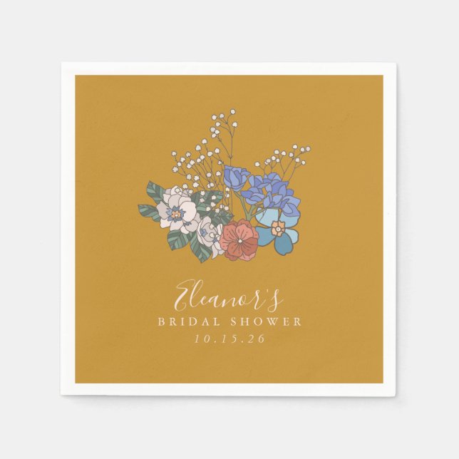Boho Vintage Blommig Gul Anpassad Bröllopsfest  Pappersservett (Framsidan)