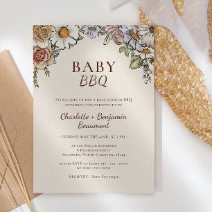 Boho Vintage Blommigt Beige Baby BBQ Baby Shower Inbjudningar