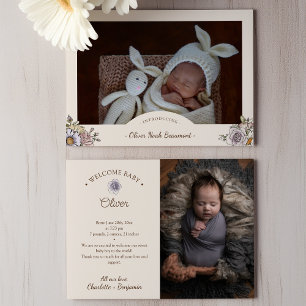 Boho Vintage Blommigt Beige Two Photo Birth Meddelande
