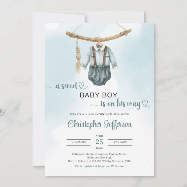 Boho vintage Sage grönt neutralt barnkläder Inbjudningar (Framsida)