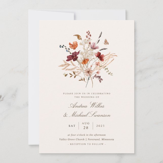 Boho Vintage Vildblomma Höstbröllop Inbjudningar (Framsida)