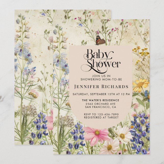 Boho Vintage WildblomBaby Shower Inbjudningar (Fram/baksida)