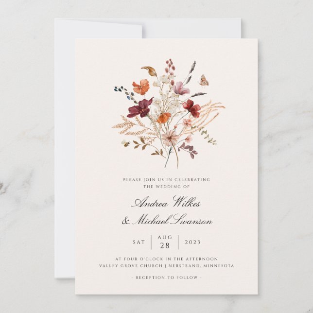 Boho Vintage WildblommFall Wedding Inbjudningar (Framsida)