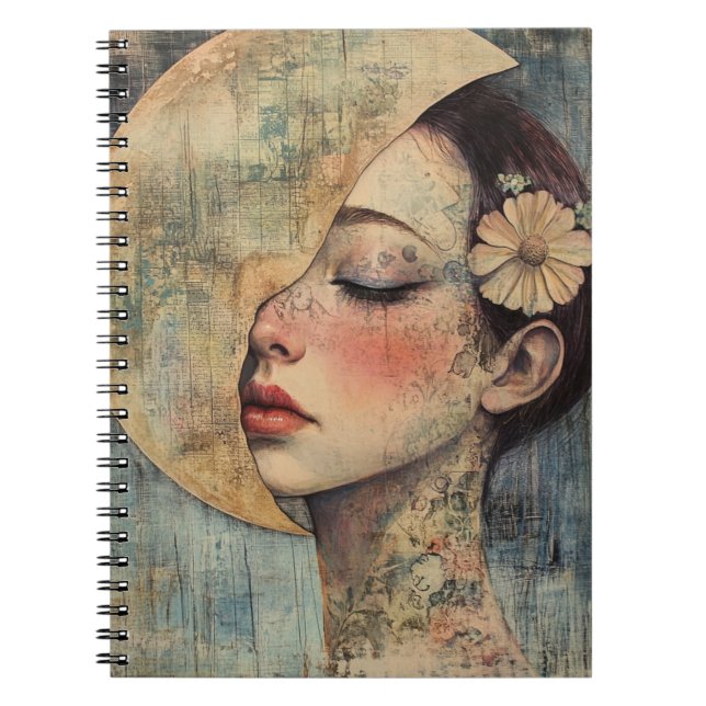 Boho Vintage Woman och Halva Måne Anteckningsbok (Framsidan)