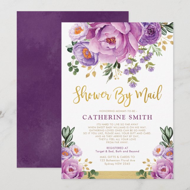 Boho Violet Guld Blommigt Girl Baby Shower by Mail Inbjudningar (Fram/baksida)