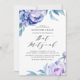 Boho Violet Watercolor Peonies Blommigt Bat mitzva Inbjudningar