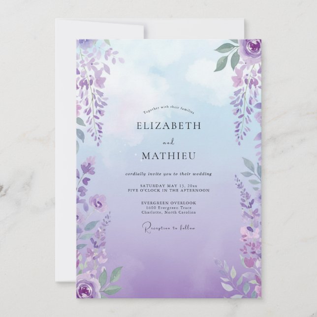 Boho Violett Blomsterbröllop Inbjudningar (Framsida)